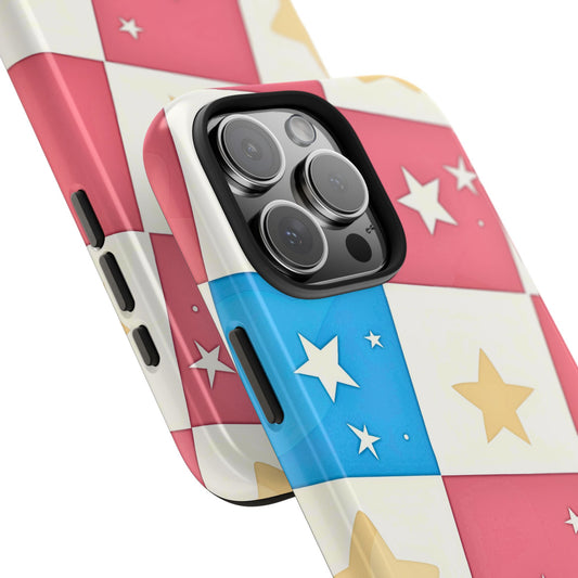 Preppy Checkered Pink & Blue Yellow Stars Tough Phone Case | Aesthetic