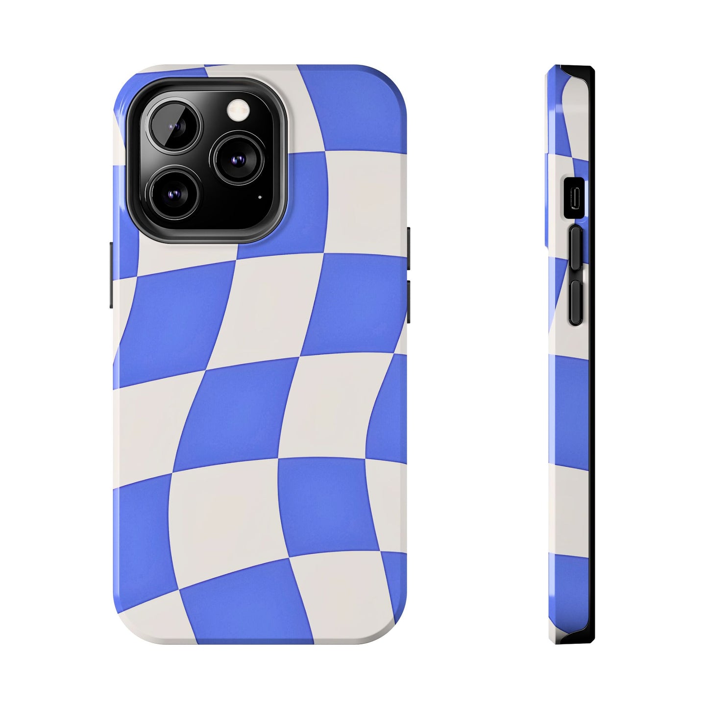Funda resistente para teléfono con estampado ondulado de cuadros azules | Estética
