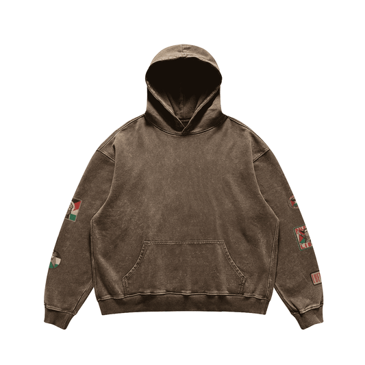 RELAXED FIT VINTAGE PALESTINIAN PRINTED PATCHES FADED HOODIE