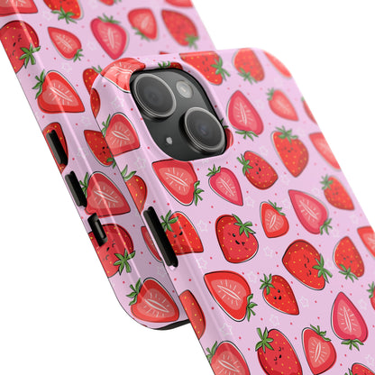 Kawaii Strawberry Cartoon Pattern Pink Aesthetic Tough Phone Case | Food