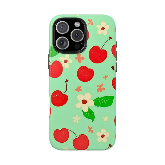 Cute Cherry Flower Pattern Mint Tough Phone Case | Aesthetic