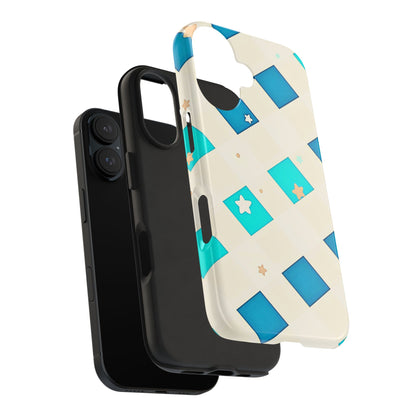 Modern Preppy Checkered Teal Stars Tough Phone Case | Aesthetic