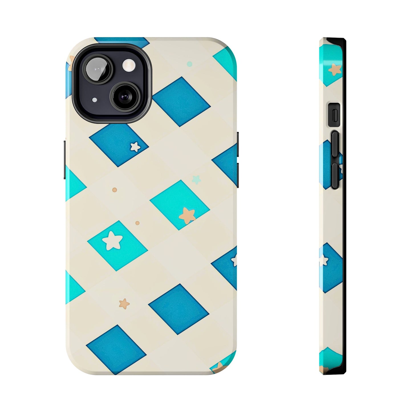 Modern Preppy Checkered Teal Stars Tough Phone Case | Aesthetic
