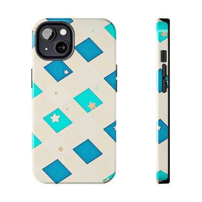 Modern Preppy Checkered Teal Stars Tough Phone Case | Aesthetic
