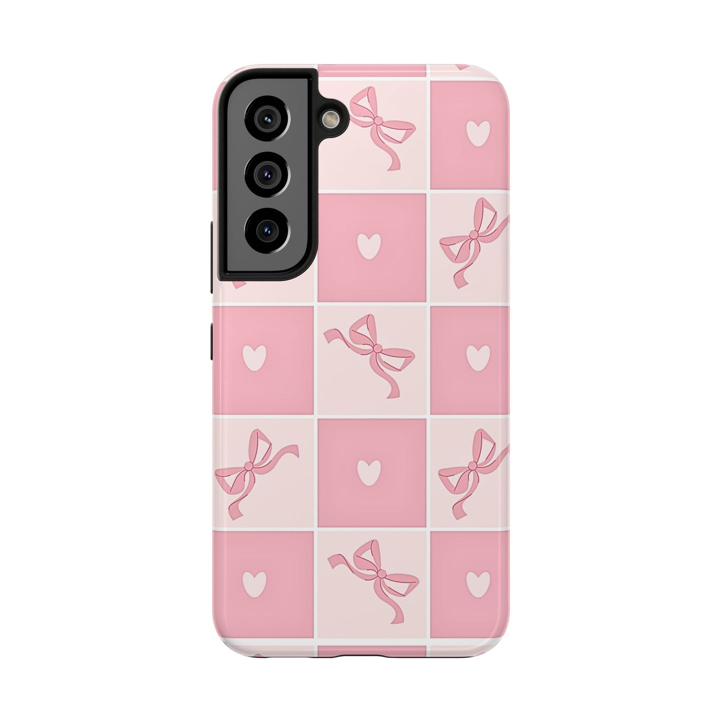 Girly Pink Bow and Heart Grid Pastel Tough Phone Case | Aesthetic