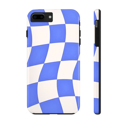 Funda resistente para teléfono con estampado ondulado de cuadros azules | Estética