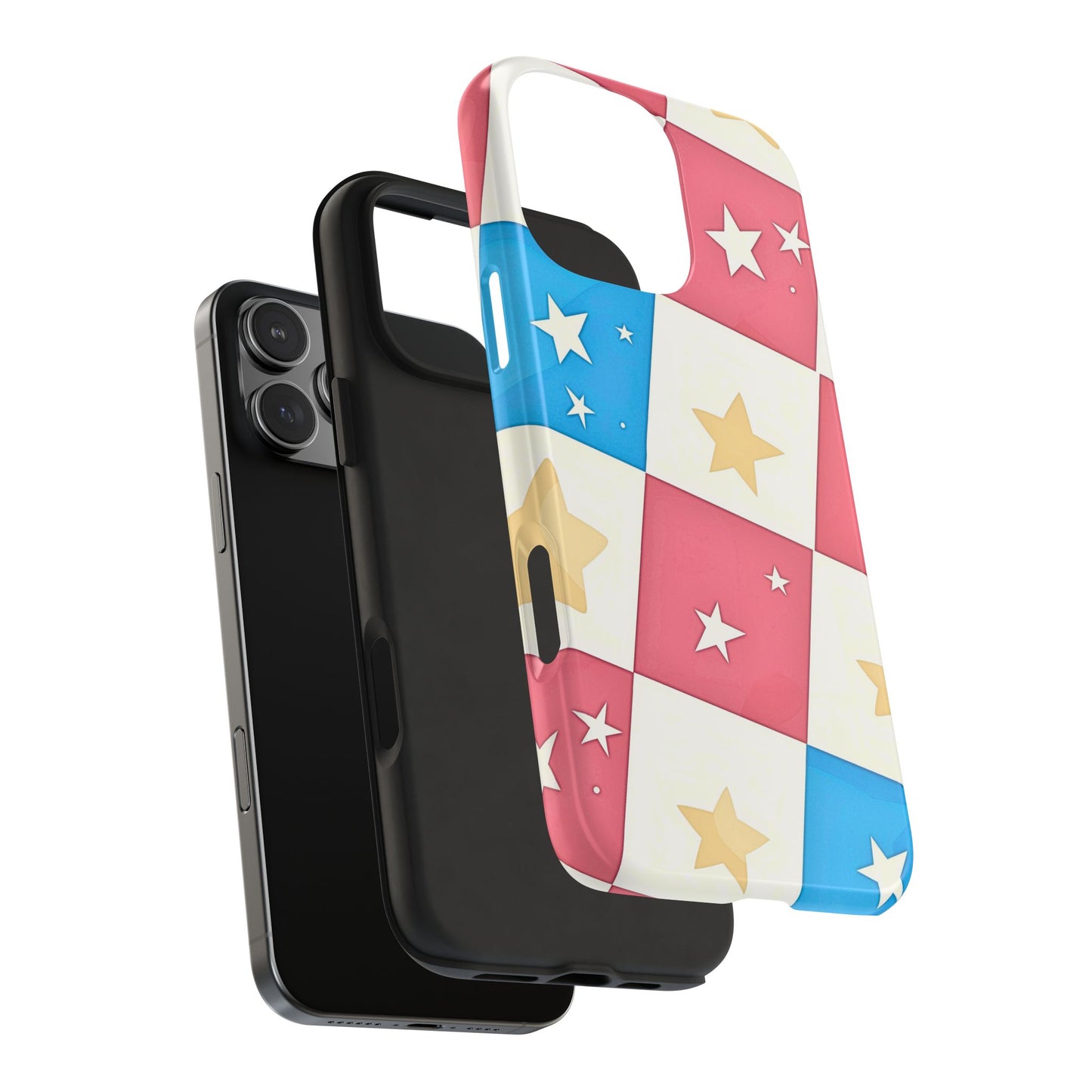 Preppy Checkered Pink & Blue Yellow Stars Tough Phone Case | Aesthetic