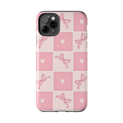 Girly Pink Bow and Heart Grid Pastel Tough Phone Case | Aesthetic