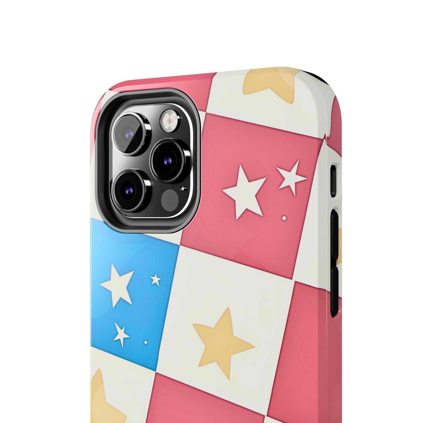 Preppy Checkered Pink & Blue Yellow Stars Tough Phone Case | Aesthetic