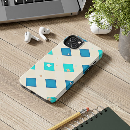 Modern Preppy Checkered Teal Stars Tough Phone Case | Aesthetic