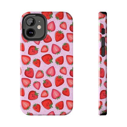 Kawaii Strawberry Cartoon Pattern Pink Aesthetic Tough Phone Case | Food