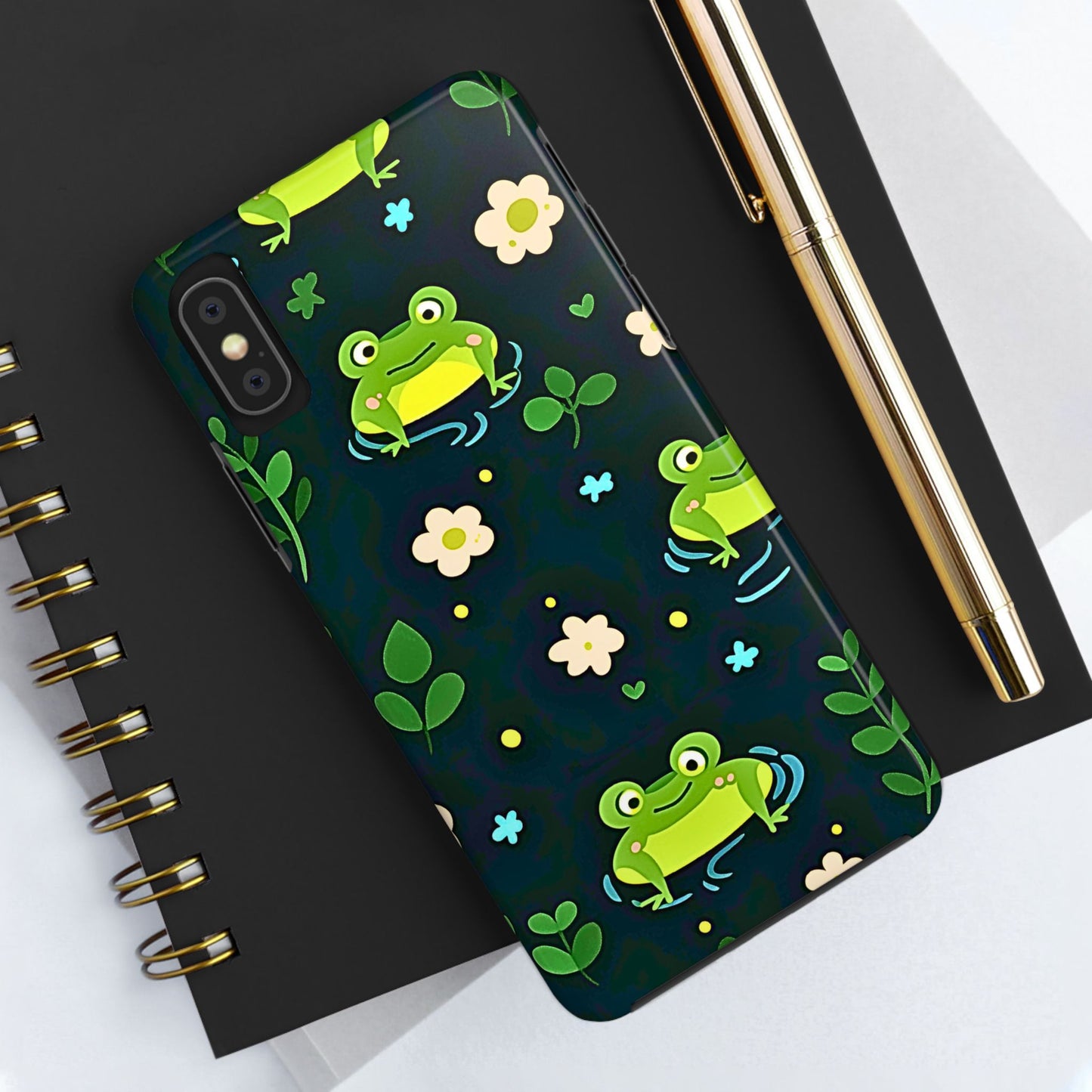 Kawaii Froggy Pattern Black Tough Phone Case | Animals