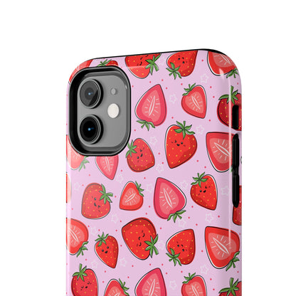 Kawaii Strawberry Cartoon Pattern Pink Aesthetic Tough Phone Case | Food