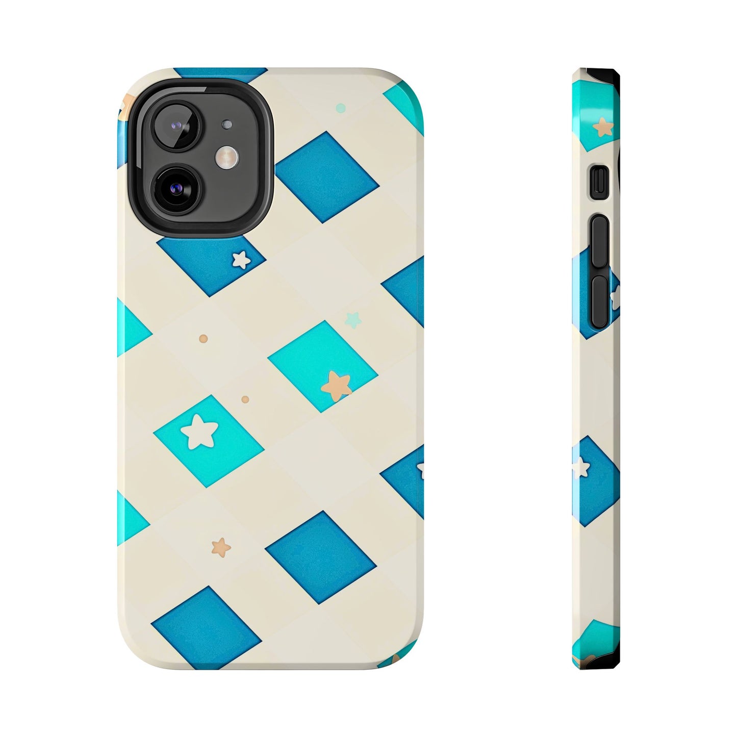 Modern Preppy Checkered Teal Stars Tough Phone Case | Aesthetic