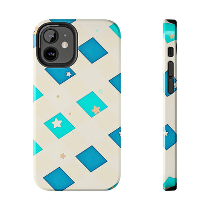 Modern Preppy Checkered Teal Stars Tough Phone Case | Aesthetic