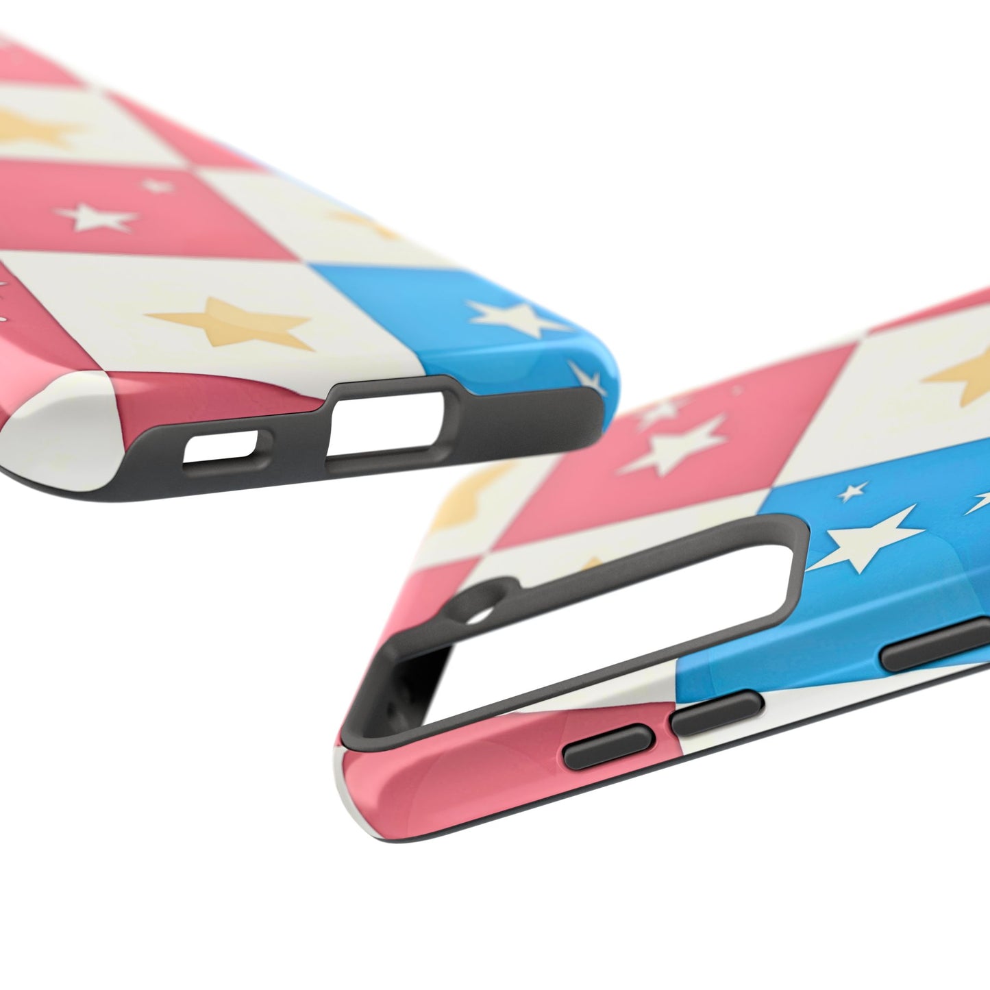 Preppy Checkered Pink & Blue Yellow Stars Tough Phone Case | Aesthetic