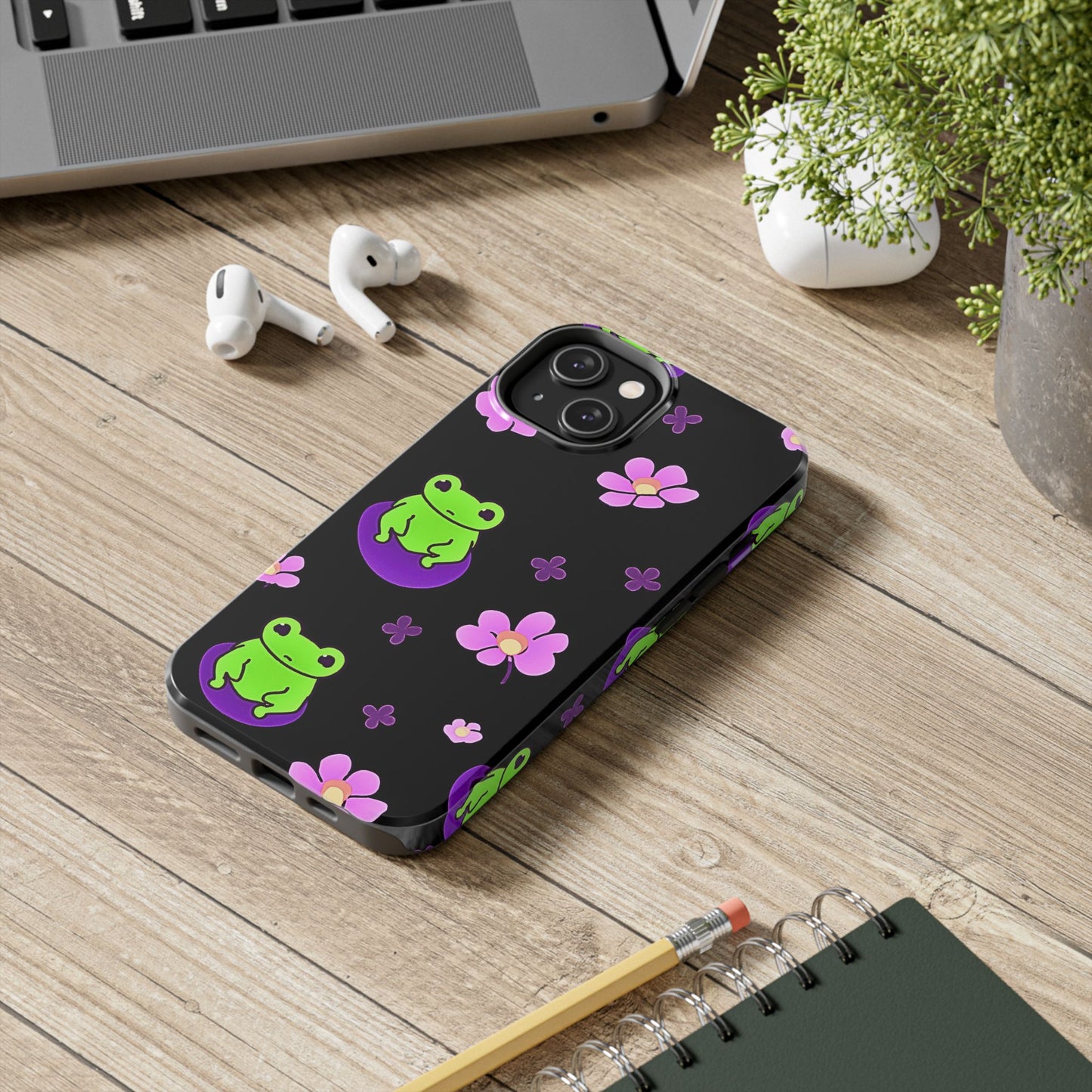 Cute Frog & Pink Flowers Pattern Style Tough Phone Case | Animals