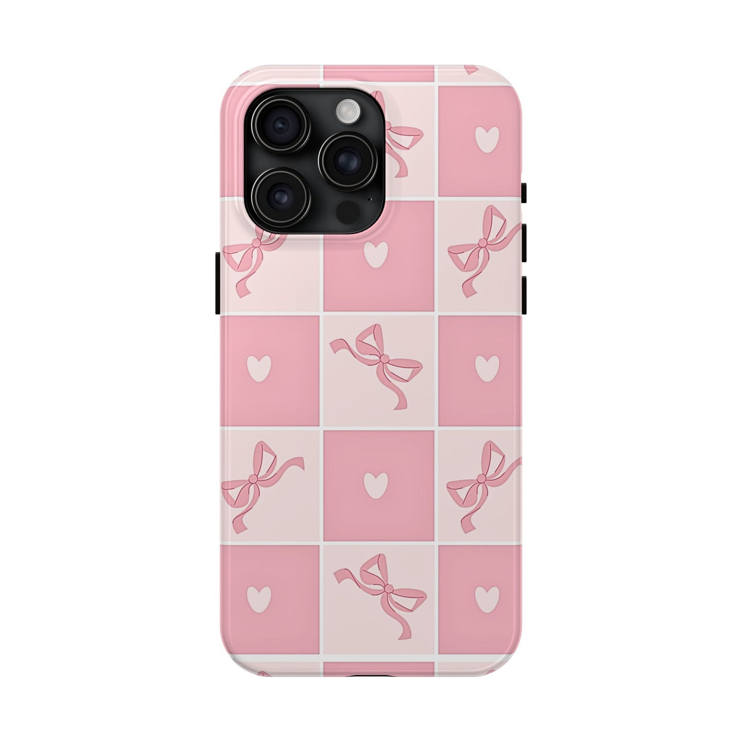 Girly Pink Bow and Heart Grid Pastel Tough Phone Case | Aesthetic
