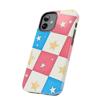 Preppy Checkered Pink & Blue Yellow Stars Tough Phone Case | Aesthetic