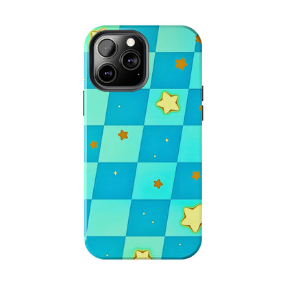 Vibrant Preppy Checkered Blue & Yellow Stars Tough Phone Case | Aesthetic