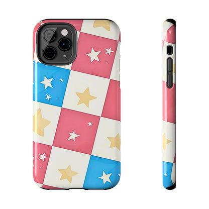 Preppy Checkered Pink & Blue Yellow Stars Tough Phone Case | Aesthetic