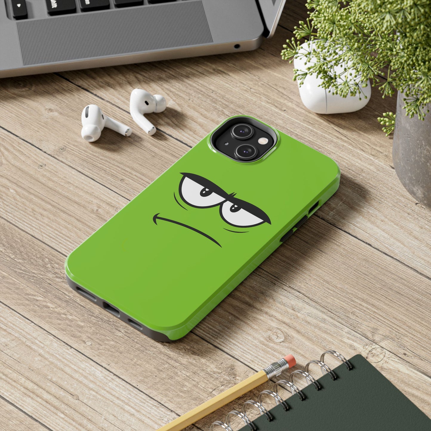 Grumpy Mood Face Green Background Funny Expression Tough Phone Case | Funny