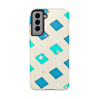 Modern Preppy Checkered Teal Stars Tough Phone Case | Aesthetic