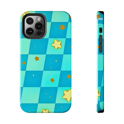 Vibrant Preppy Checkered Blue & Yellow Stars Tough Phone Case | Aesthetic