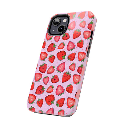 Kawaii Strawberry Cartoon Pattern Pink Aesthetic Tough Phone Case | Food