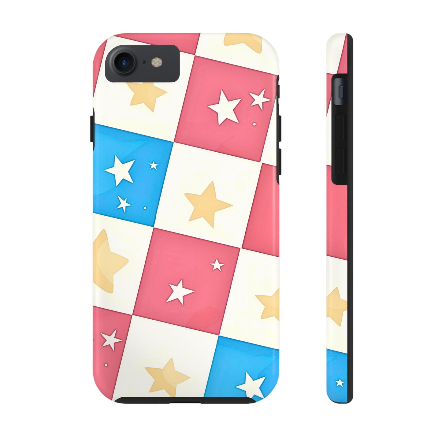 Preppy Checkered Pink & Blue Yellow Stars Tough Phone Case | Aesthetic