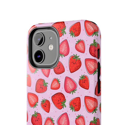 Kawaii Strawberry Cartoon Pattern Pink Aesthetic Tough Phone Case | Food