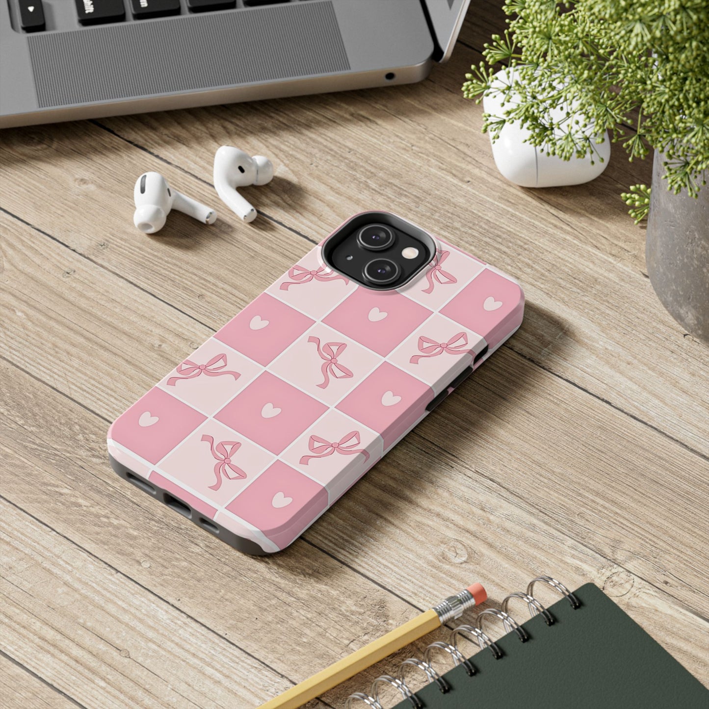 Girly Pink Bow and Heart Grid Pastel Tough Phone Case | Aesthetic