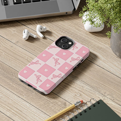 Girly Pink Bow and Heart Grid Pastel Tough Phone Case | Aesthetic