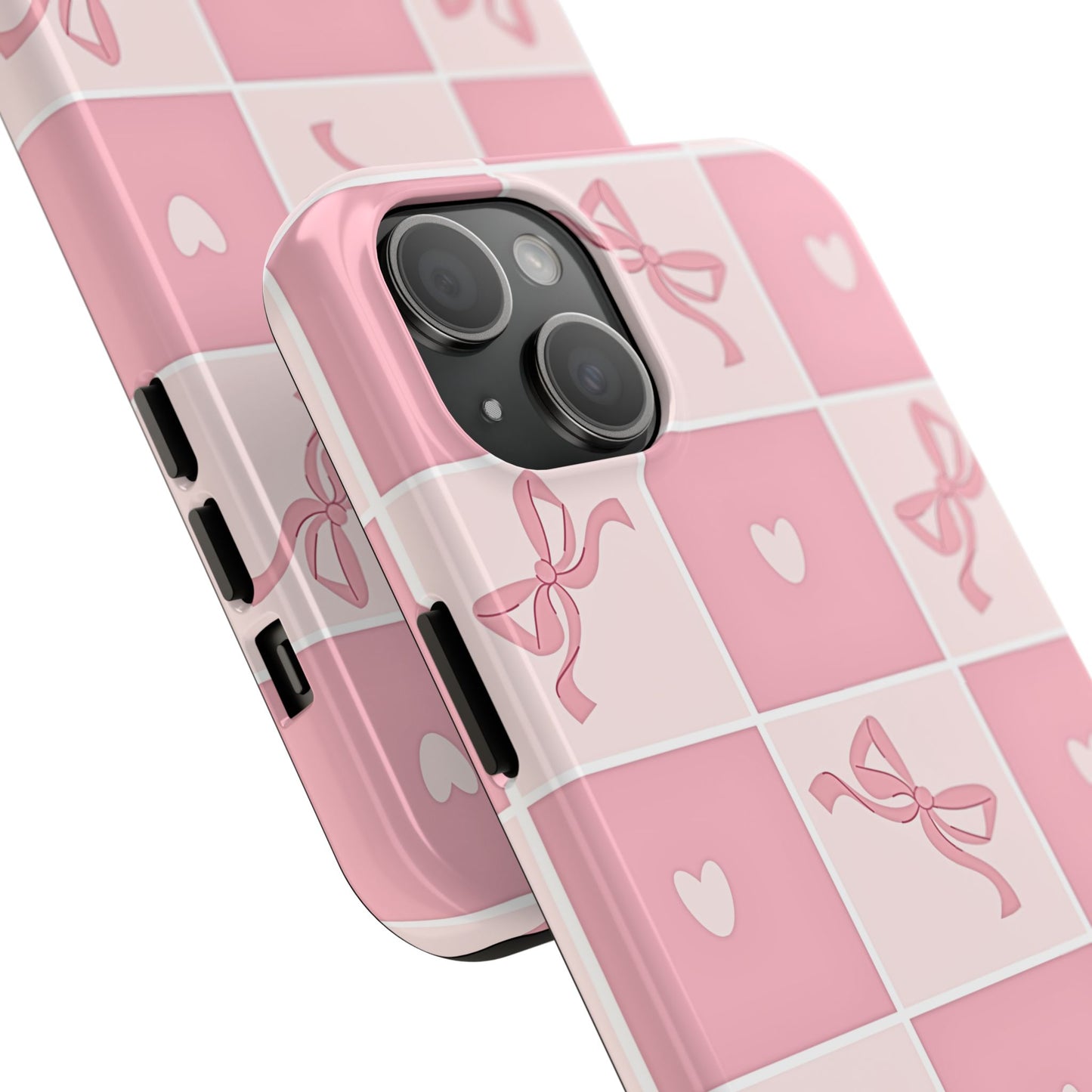 Girly Pink Bow and Heart Grid Pastel Tough Phone Case | Aesthetic