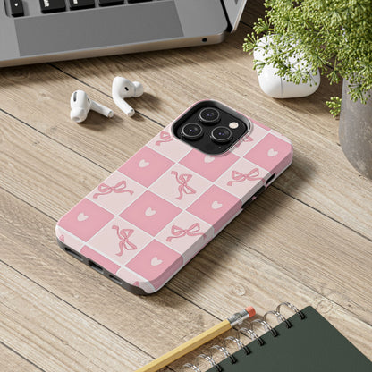 Girly Pink Bow and Heart Grid Pastel Tough Phone Case | Aesthetic
