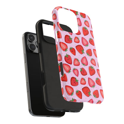 Kawaii Strawberry Cartoon Pattern Pink Aesthetic Tough Phone Case | Food
