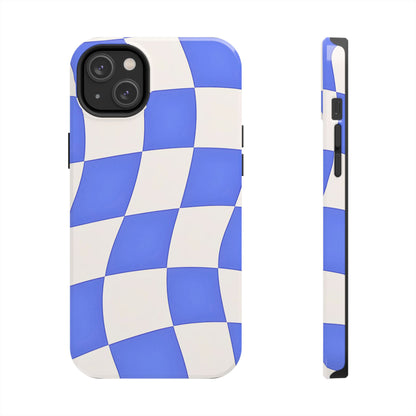 Funda resistente para teléfono con estampado ondulado de cuadros azules | Estética