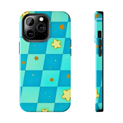 Vibrant Preppy Checkered Blue & Yellow Stars Tough Phone Case | Aesthetic