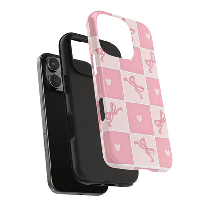 Girly Pink Bow and Heart Grid Pastel Tough Phone Case | Aesthetic