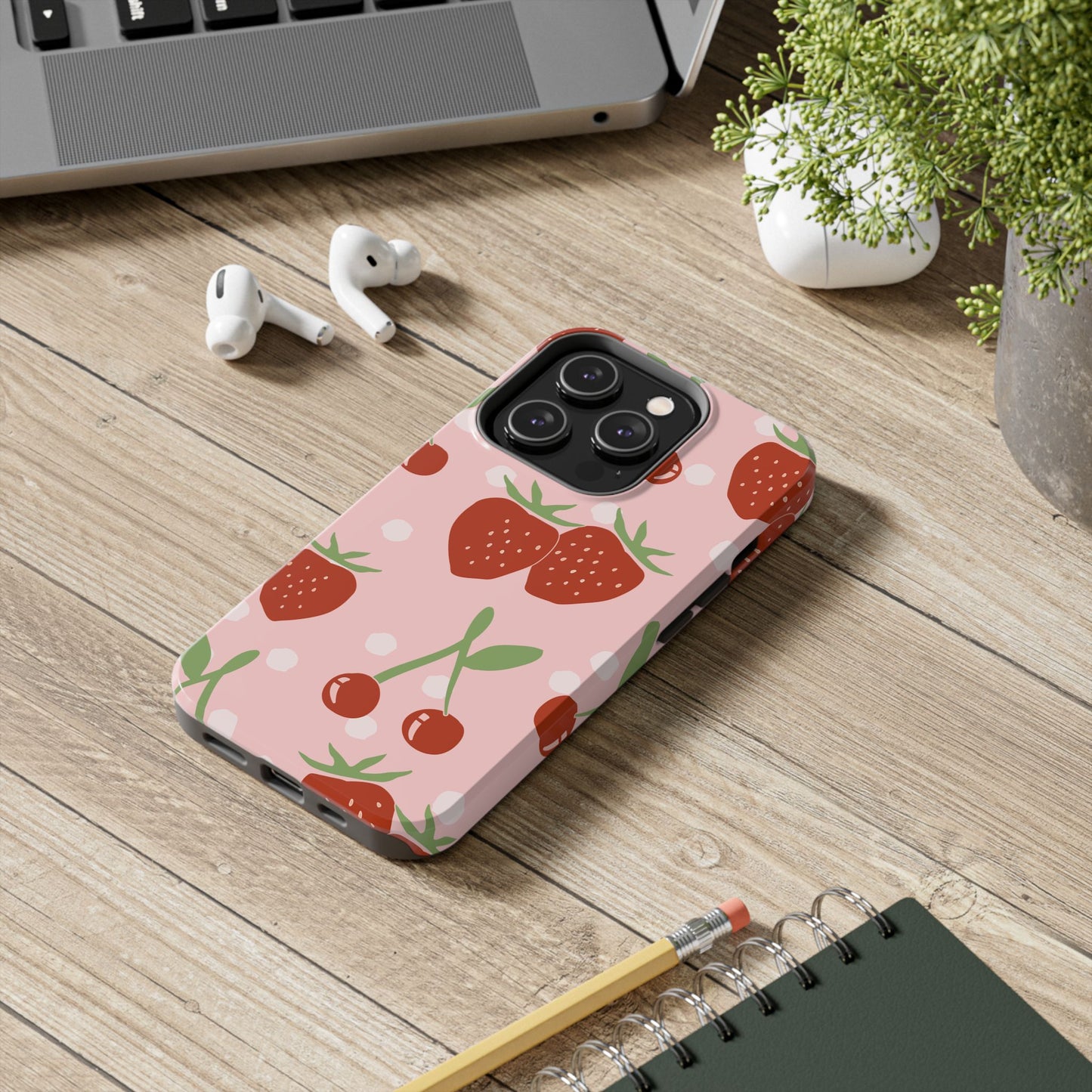 Cute Pink and Red Cherry and Strawberry Tough Phone Case | Food