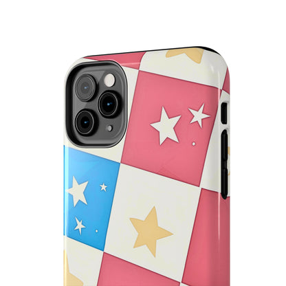 Preppy Checkered Pink & Blue Yellow Stars Tough Phone Case | Aesthetic