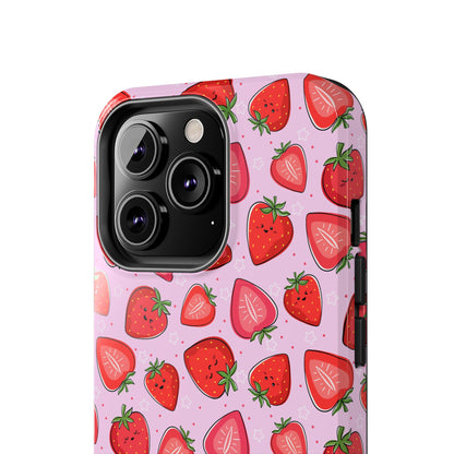 Kawaii Strawberry Cartoon Pattern Pink Aesthetic Tough Phone Case | Food