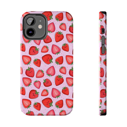 Kawaii Strawberry Cartoon Pattern Pink Aesthetic Tough Phone Case | Food