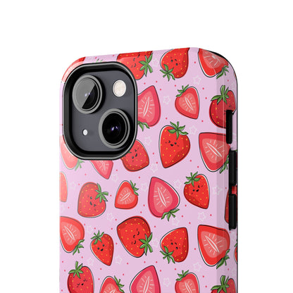 Kawaii Strawberry Cartoon Pattern Pink Aesthetic Tough Phone Case | Food