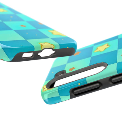 Vibrant Preppy Checkered Blue & Yellow Stars Tough Phone Case | Aesthetic