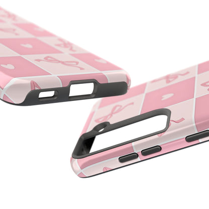 Girly Pink Bow and Heart Grid Pastel Tough Phone Case | Aesthetic