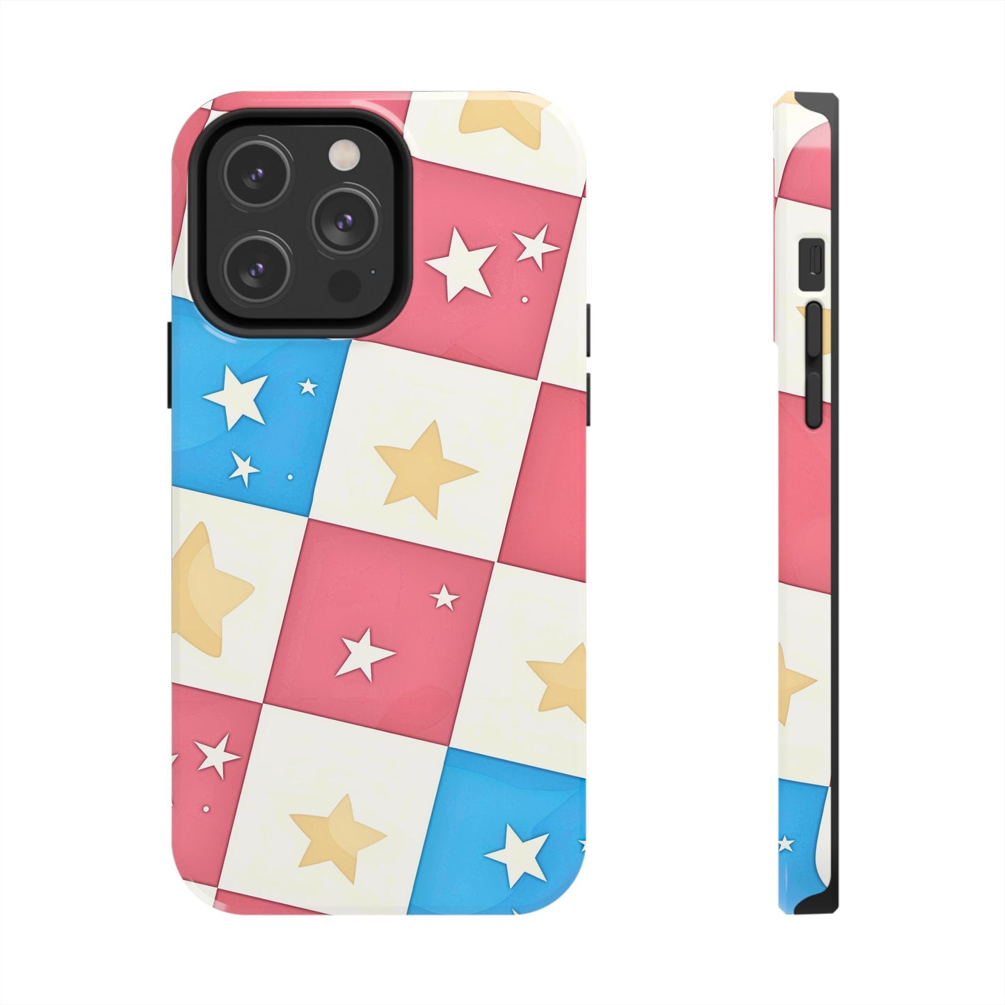 Preppy Checkered Pink & Blue Yellow Stars Tough Phone Case | Aesthetic