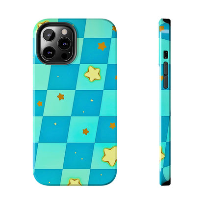 Vibrant Preppy Checkered Blue & Yellow Stars Tough Phone Case | Aesthetic