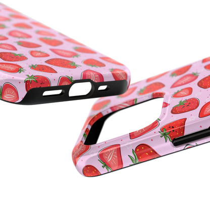 Kawaii Strawberry Cartoon Pattern Pink Aesthetic Tough Phone Case | Food