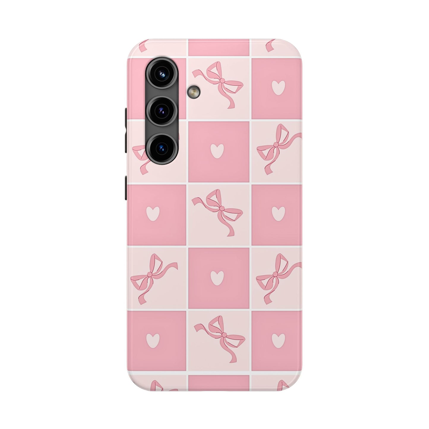 Girly Pink Bow and Heart Grid Pastel Tough Phone Case | Aesthetic